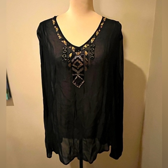 Karen Kane Tops - Karen Kane Embellished Black Sheer V Neck Top, size Large